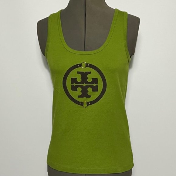 Tory Burch Tops - TORY BURCH Olive Green Tank Top With Suede-Like Logo And GoldTone Accents Size M